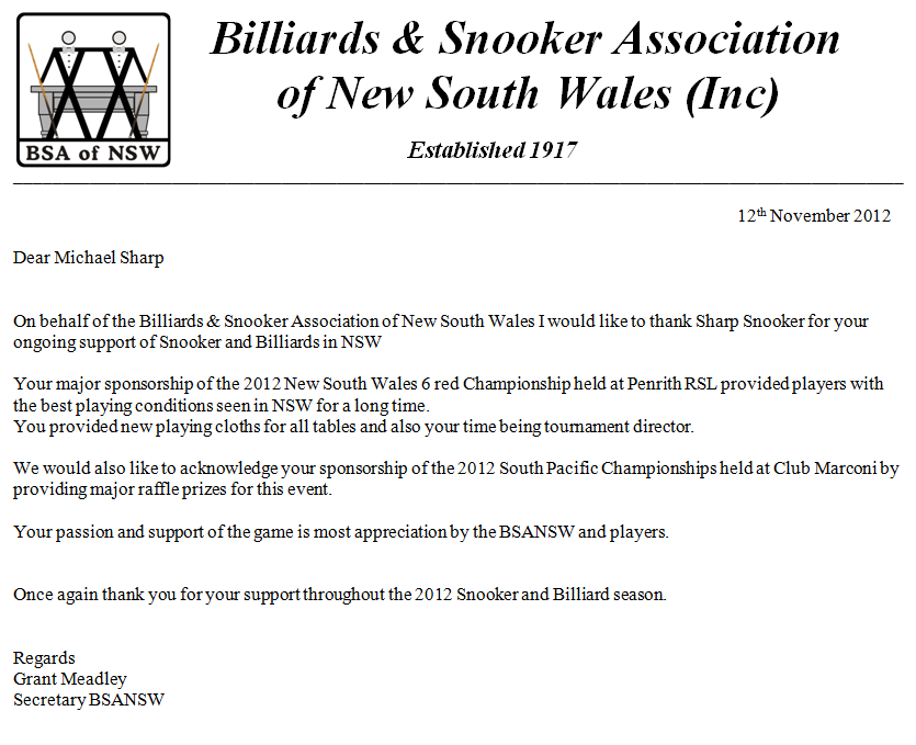 Letter from Billiards & Snooker Association of New South Wales (Inc)