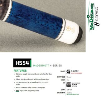 McDermott H Series Model H554 Pool Cue with Pacific Blue-stained Birdseye maple forearm and curly maple handle