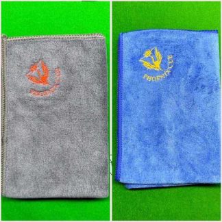 Phoenix microfiber cue towel available in blue or grey for cleaning cue and billiard balls