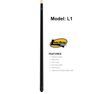 McDermott Lucky L1 Pool Cue with a sleek black finish and no-wrap handle, lying on a white surface