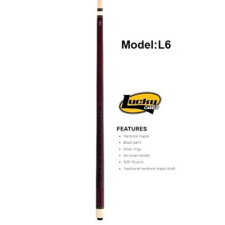 McDermott Lucky L6 Pool Cue with a deep burgundy stain, crafted from Hardrock maple with an Irish linen wrap, resting on a white surface.